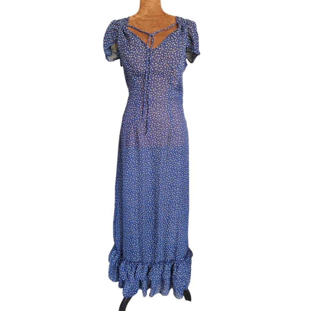Olsenboye Floral Maxi Dress Size S Blue Sheer Ruffle Button Unlined Cottagecore